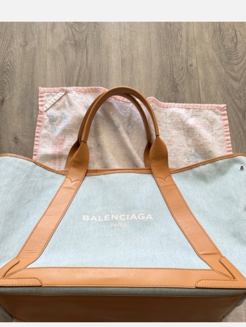 Authentic Balenciaga Light Blue Canvas Tote with Tan Leather Trim